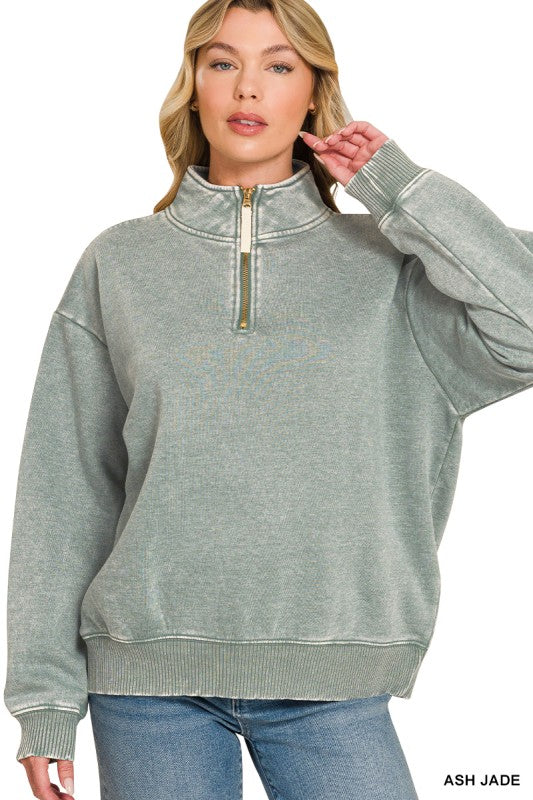 Zenana Acid Wash Fleece Half Zip Sweatshirt