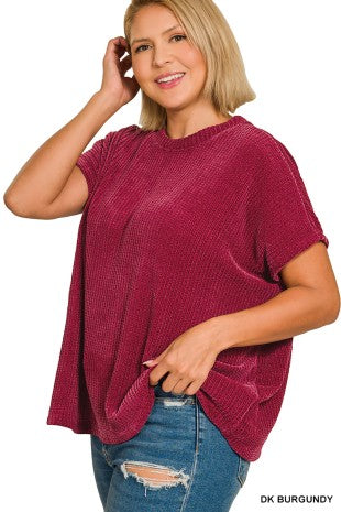 Burgundy Bliss Chenille Waffle Cap Sleeve Sweater (Plus)