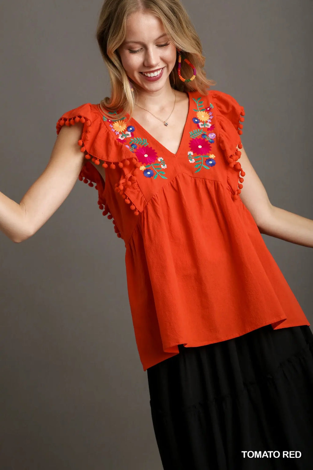 Umgee Pom Pom Pop Floral Embroidered Shirt