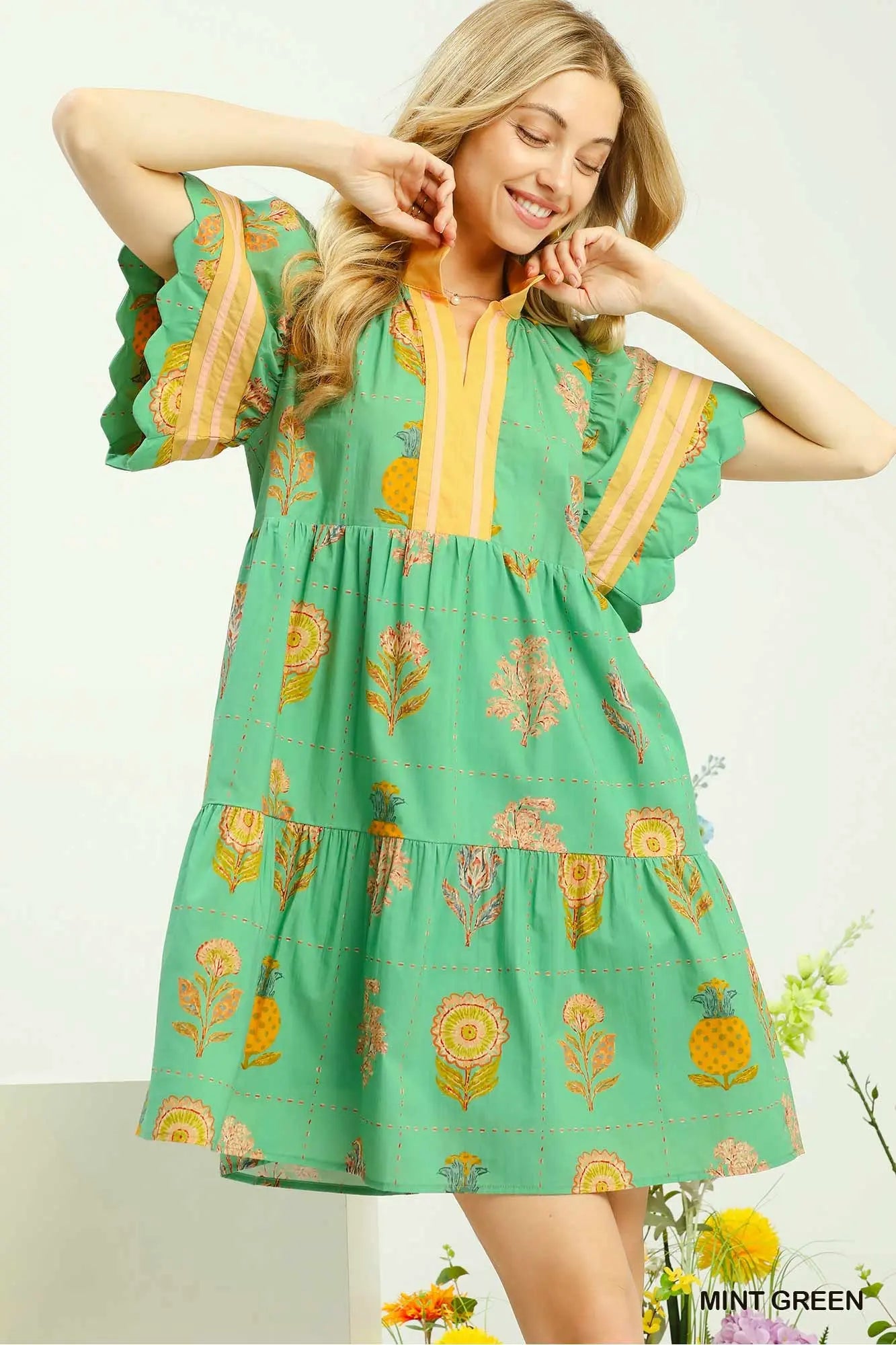 Umgee Green Gold Floral Dress