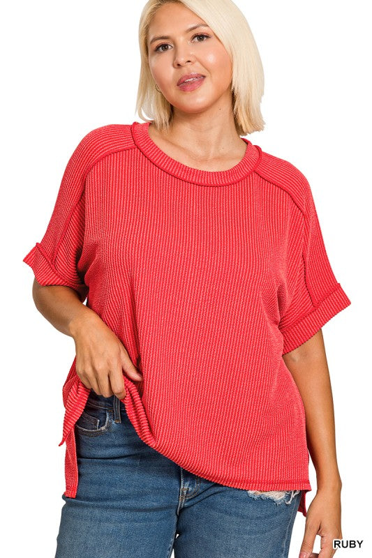 Zenana Plus Raised Rib Raw Edge Top