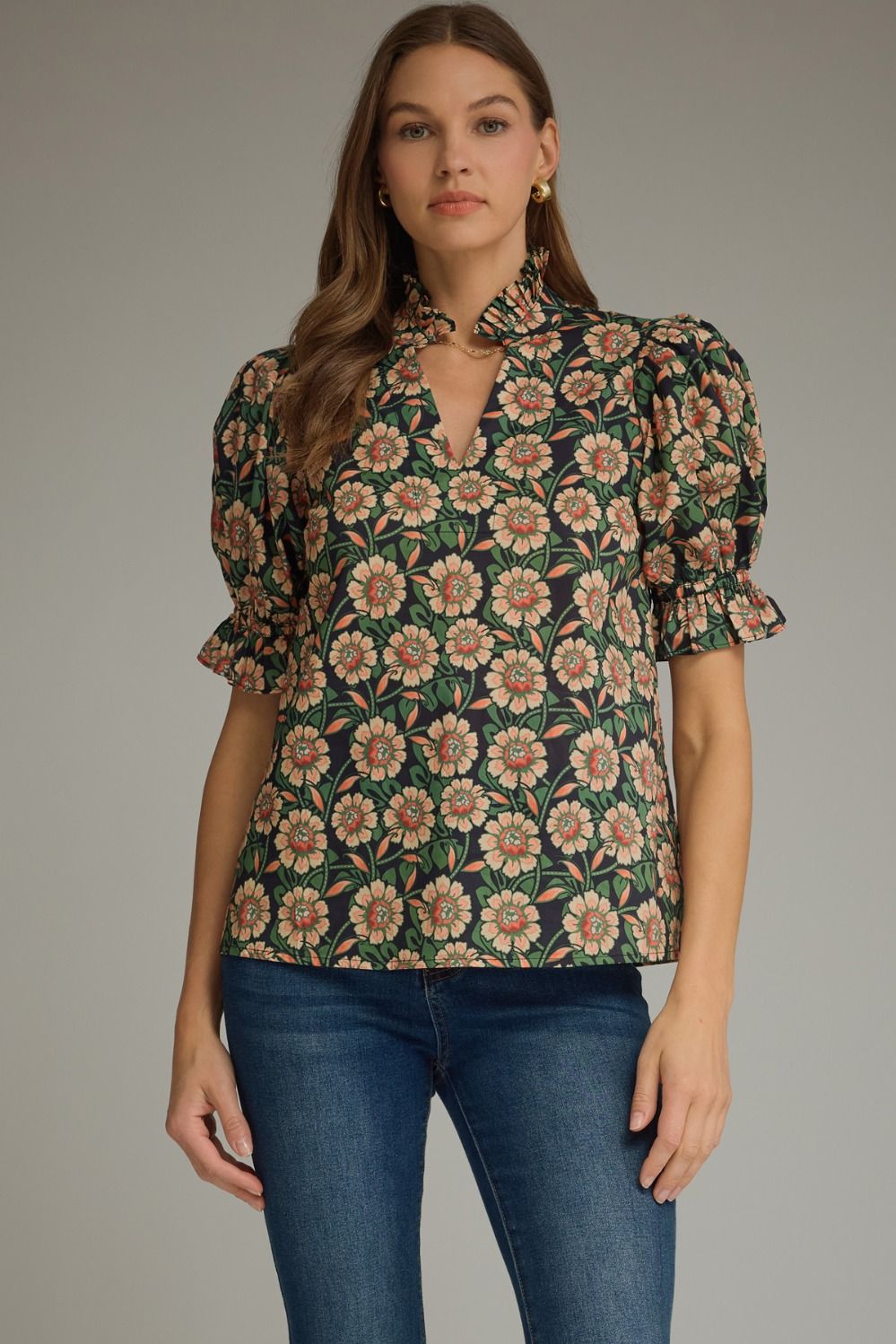 Entro Green Black Winter floral top