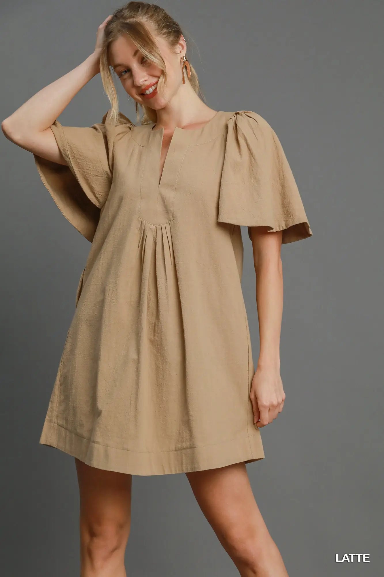 Umgee Latte Pleated Solid Dress