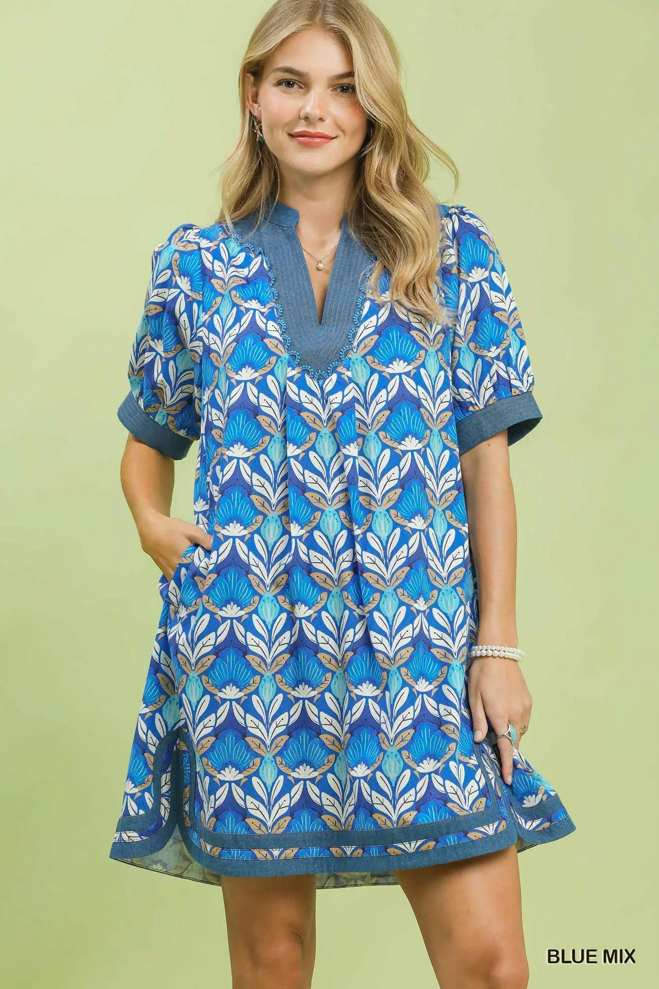 Umgee Blue Mix Denim Trim Dress