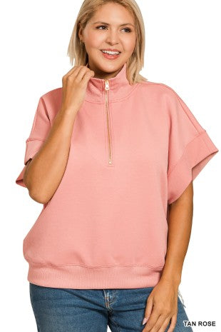 Blush Haven Short-Sleeve Half-Zip Blouse
