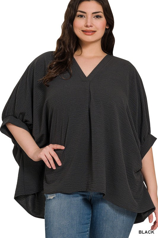 Zenana Red or Black Edge V-Neck Poncho Top