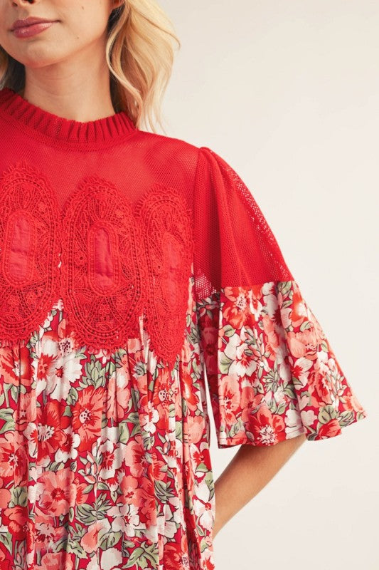 Jodifl Red Floral and Lace Dress