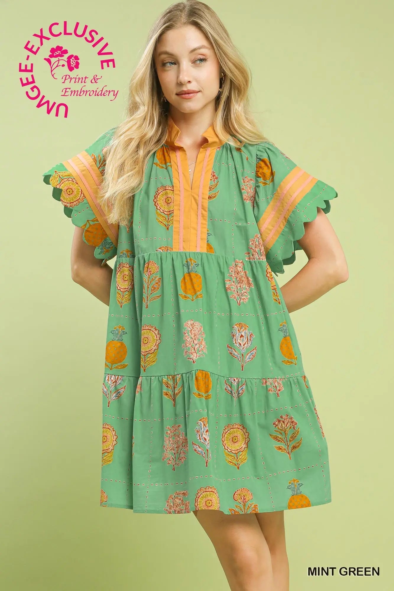 Umgee Green Gold Floral Dress