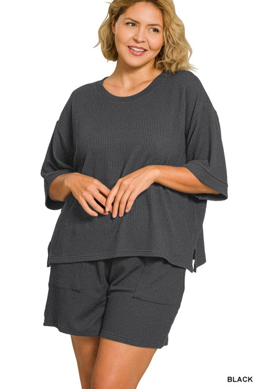 Zenana Plus Black Ribbed Short Set