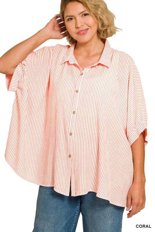 Zenana Plus Woven Stripe Boxy Button down Top
