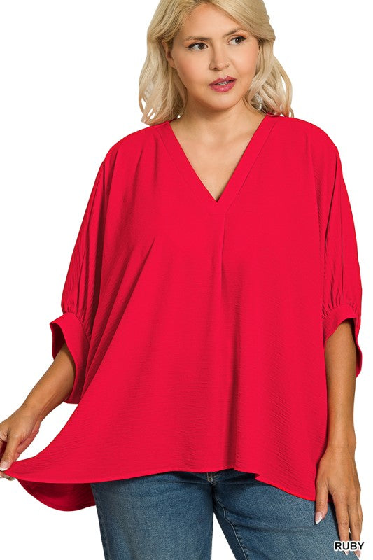 Zenana Red or Black Edge V-Neck Poncho Top