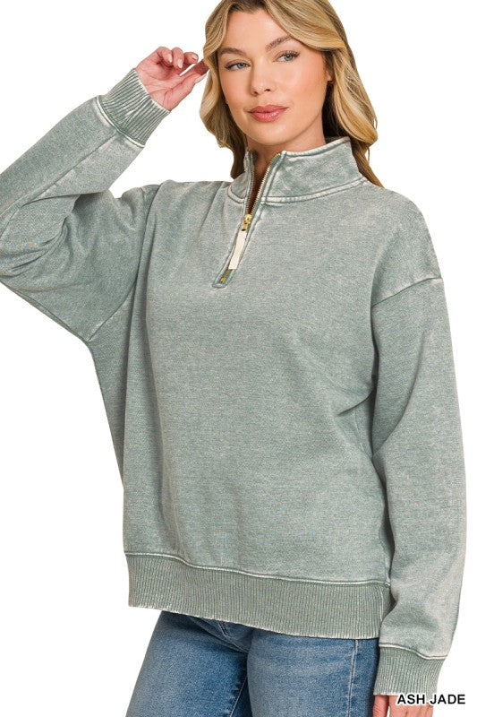 Zenana Acid Wash Fleece Half Zip Sweatshirt