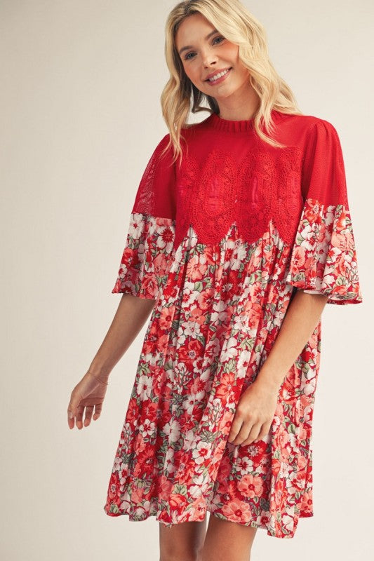 Jodifl Red Floral and Lace Dress