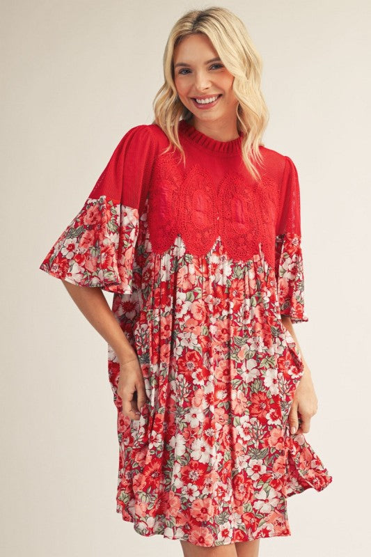 Jodifl Red Floral and Lace Dress