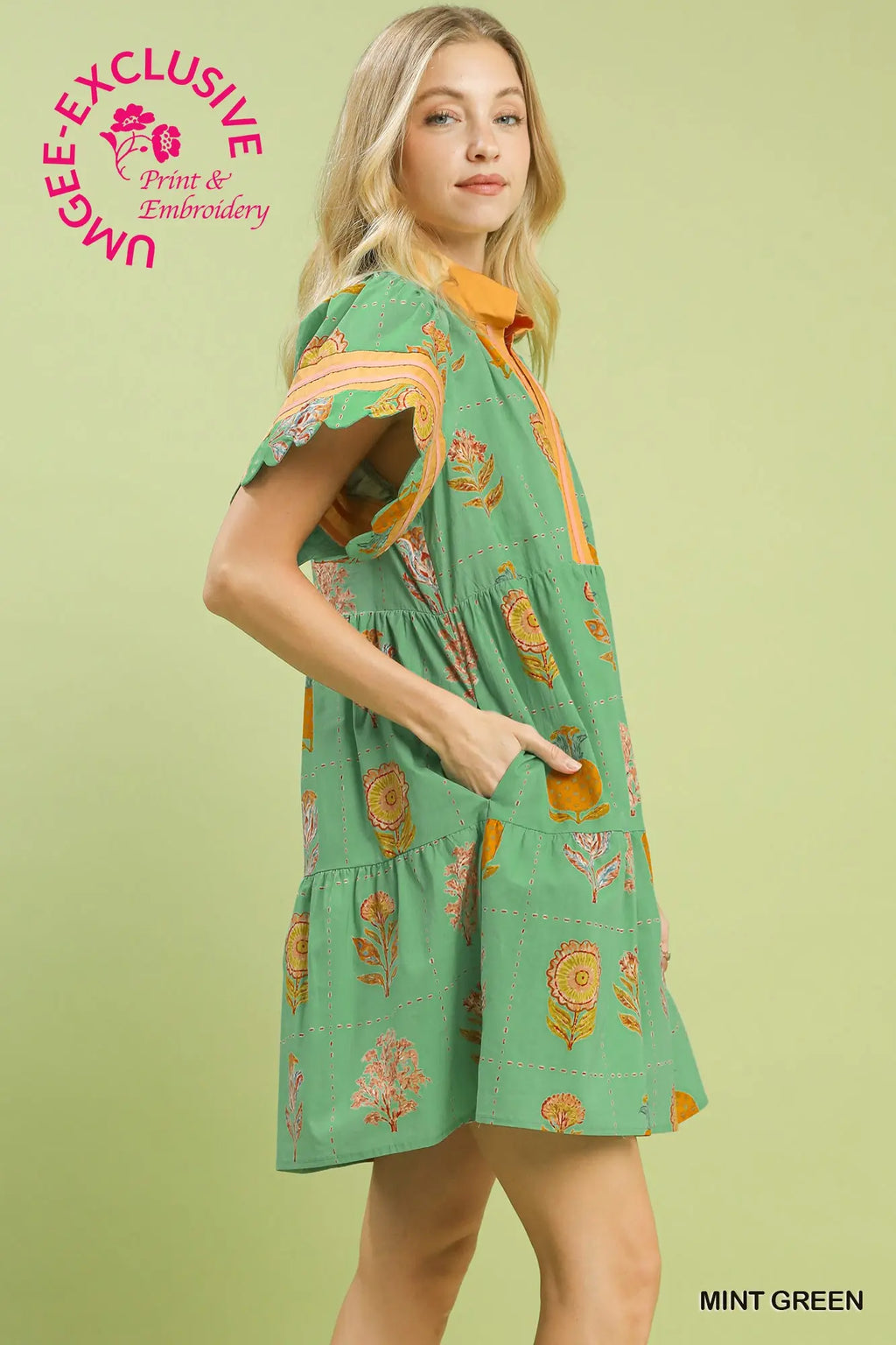 Umgee Green Gold Floral Dress