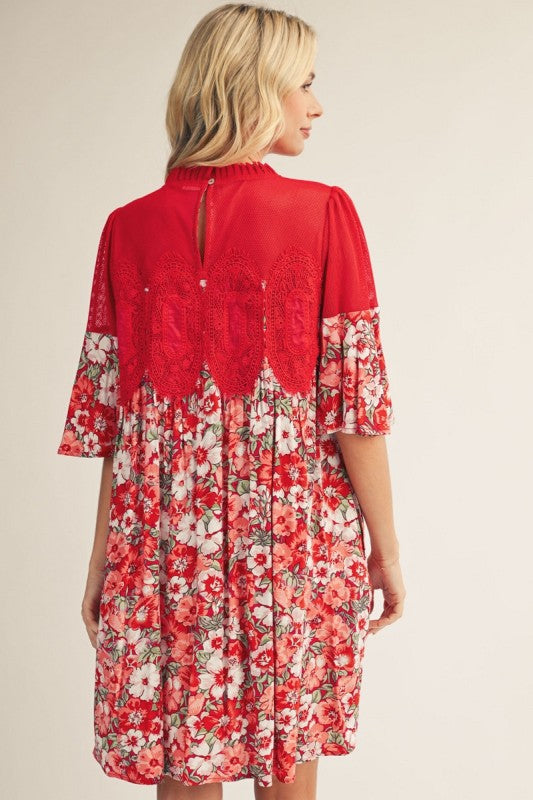 Jodifl Red Floral and Lace Dress