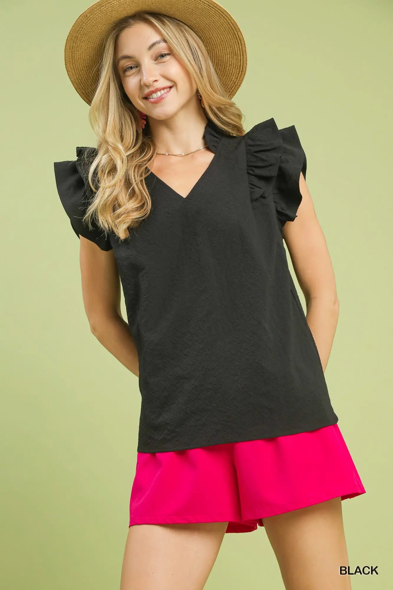 Umgee Black Shoulder Ruffle Top