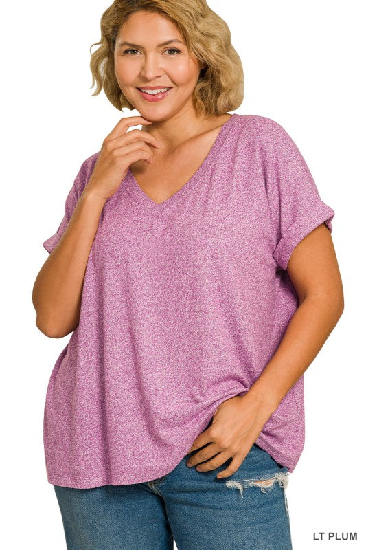 Zenana Plus Melange Hacci V-neck Tshirt