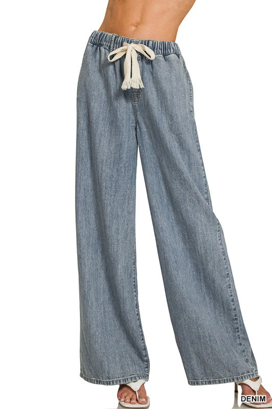 Zenana Wide Leg Drawstring Elastic Waistband Denim Pants