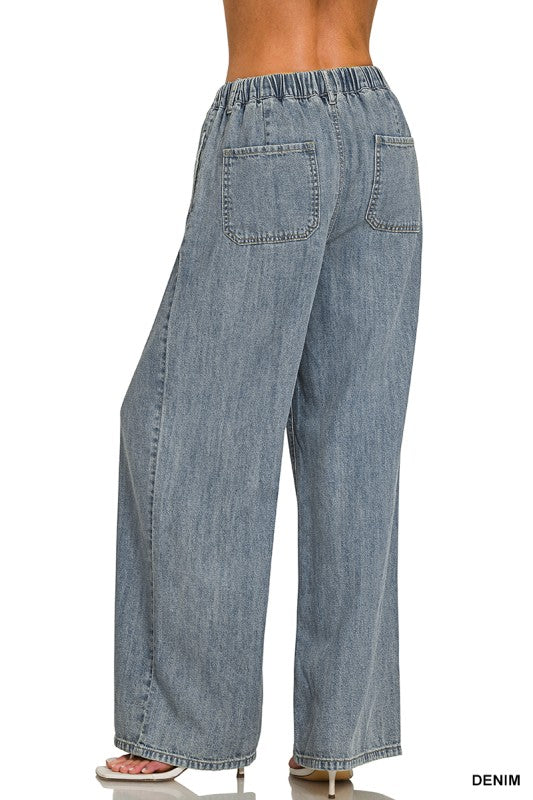 Zenana Wide Leg Drawstring Elastic Waistband Denim Pants